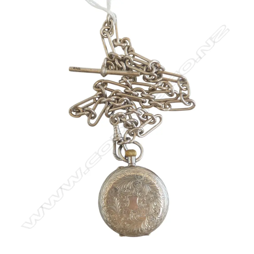 .935 SILVER POCKET WATCH ON STG SILVER ALBERT LINK FOB CHAIN 37gms Image 1++