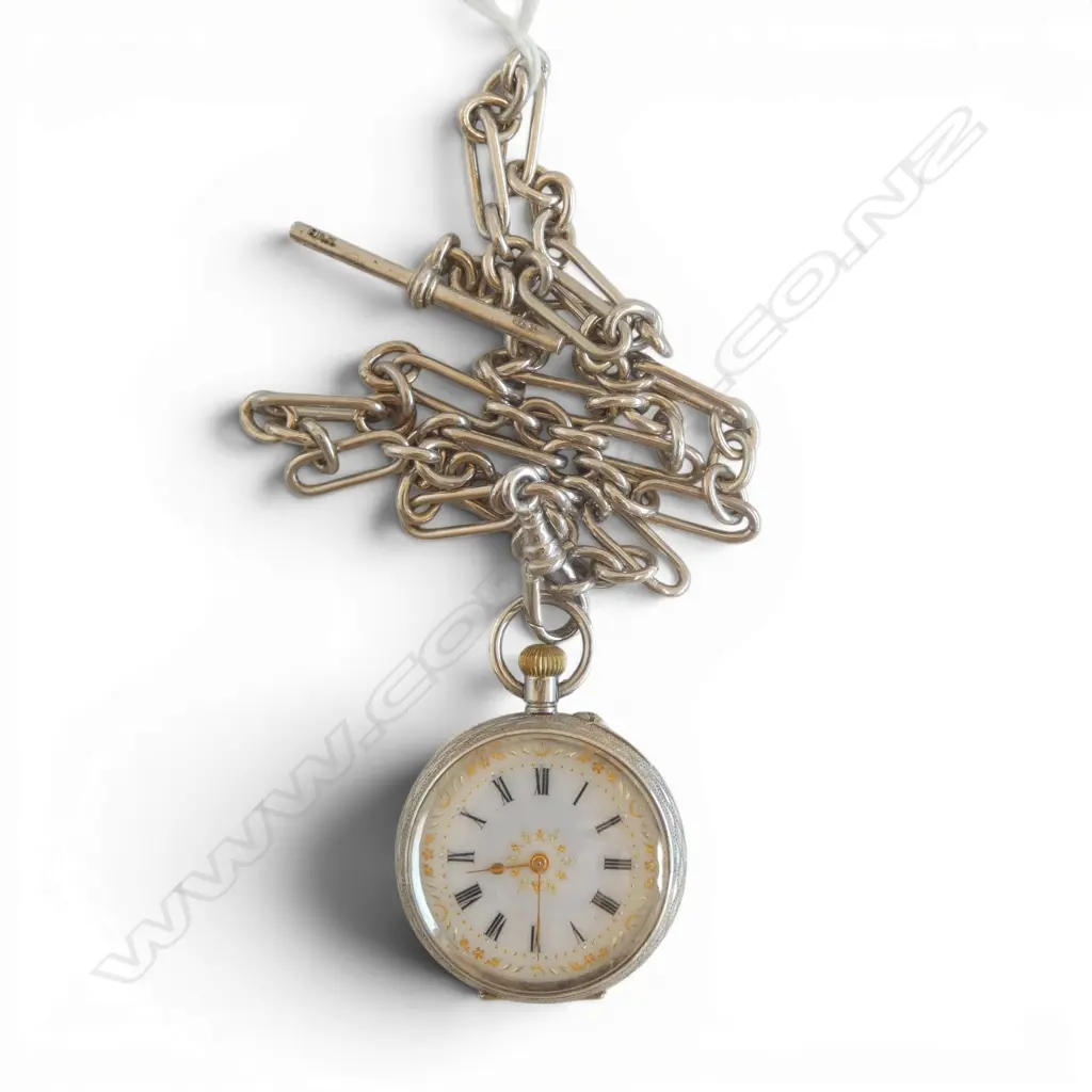 .935 SILVER POCKET WATCH ON STG SILVER ALBERT LINK FOB CHAIN 37gms Image 1++