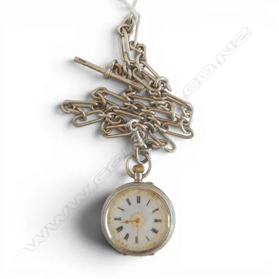 .935 SILVER POCKET WATCH ON STG SILVER ALBERT LINK FOB CHAIN 37gms