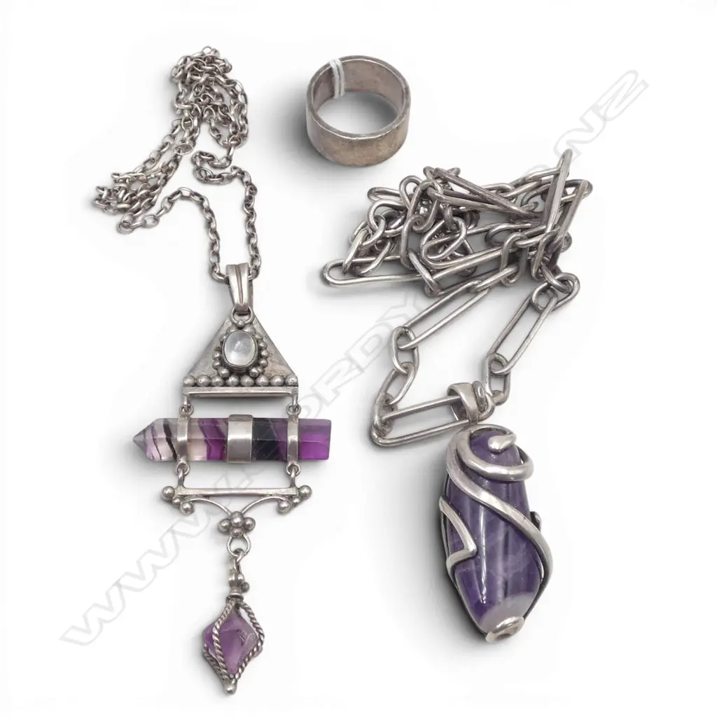 2 STG SILVER AMETHYST PENDANT NECKLACES + RING  SIZE Q 85gms Image 1++