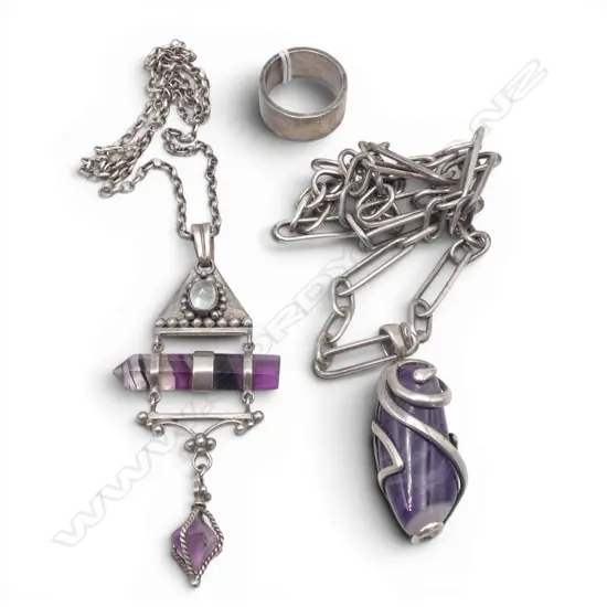 2 STG SILVER AMETHYST PENDANT NECKLACES + RING  SIZE Q 85gms