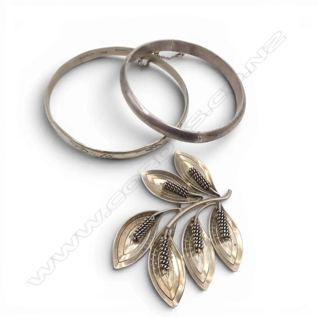 2 STG SILVER BANGLES + AARRE & KROUGH STG SILVER LILY BROOCH 34gms TW Image 1++