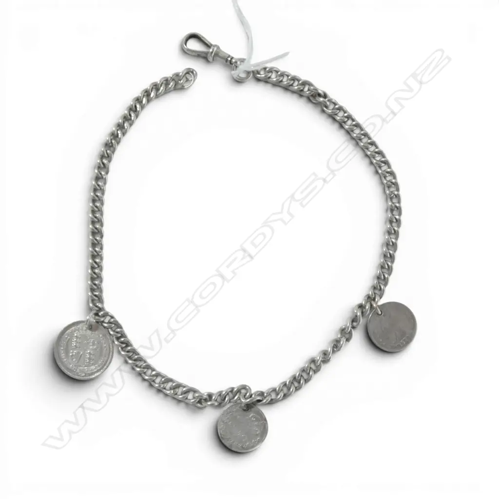 VICTORIAN S/SILVER  CHAIN WITH 3 SILVER COINS 1844 TO1889 29,5GMS Image 1++