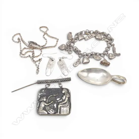 SILVER CHARM BRACELET & NECKLACE. 28gms + other brooch earrings & spoon
