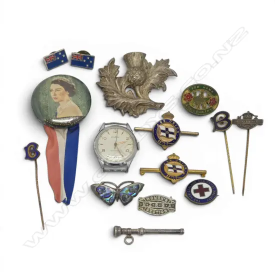 COLLECTION  ASST. MOSTLY N.Z. PINS & BADGES + Scottish thistle brooch + CERTINA WATCH + silver propelling tooth pick