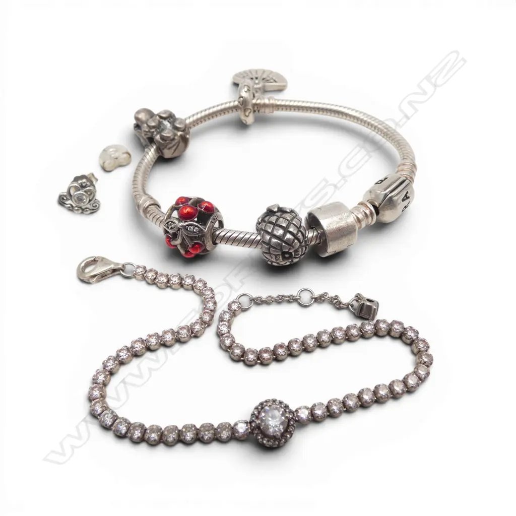 4 PANDORA STG SILVER PCES; BRACELET L15.5CM W ASST. CHARMS, BRACELET, EARRING & EARRING BUTTERFLY Image 1++