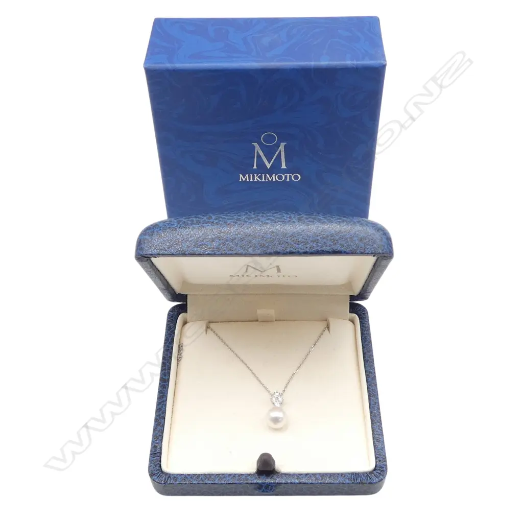 MIKIMOTO 18CT WG PEARL & DIAMOND PENDANT NECKLACE L.420mm, BOXED Image 1++