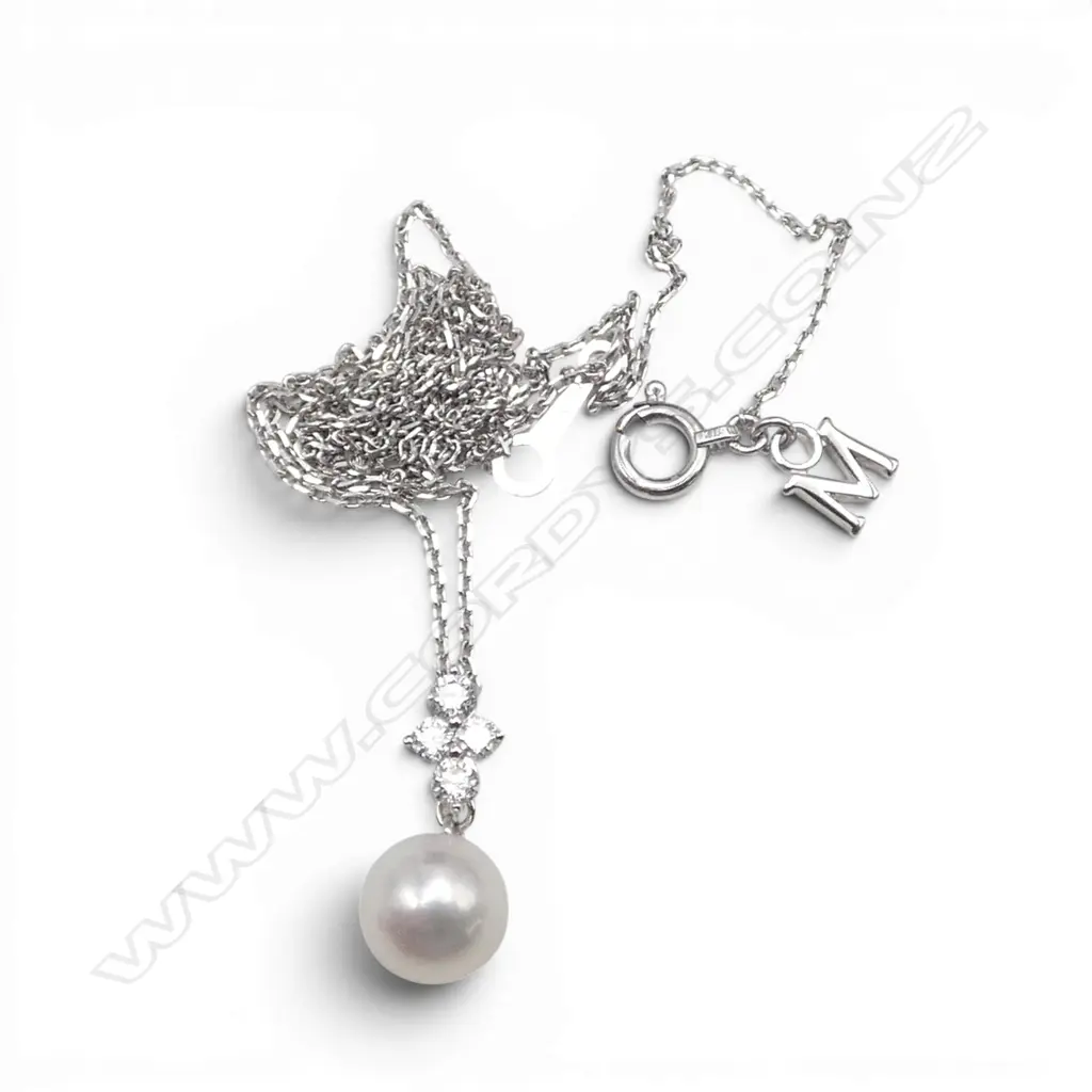 MIKIMOTO 18CT WG PEARL & DIAMOND PENDANT NECKLACE L.420mm, BOXED Image 1++
