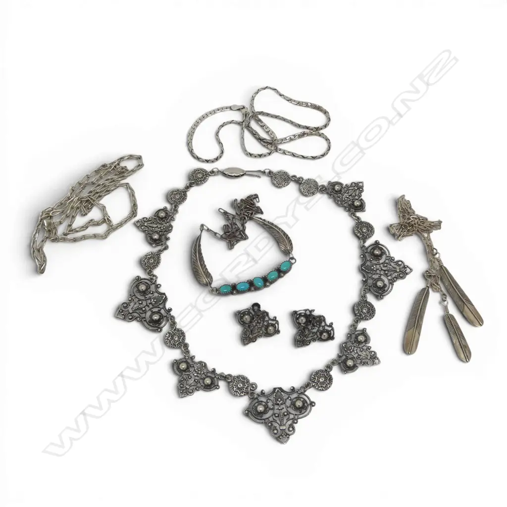 4 STG SILVER NECKLACES one chain repaired 45gms + SILVER NECKLACE & EARRING SET Image 1++