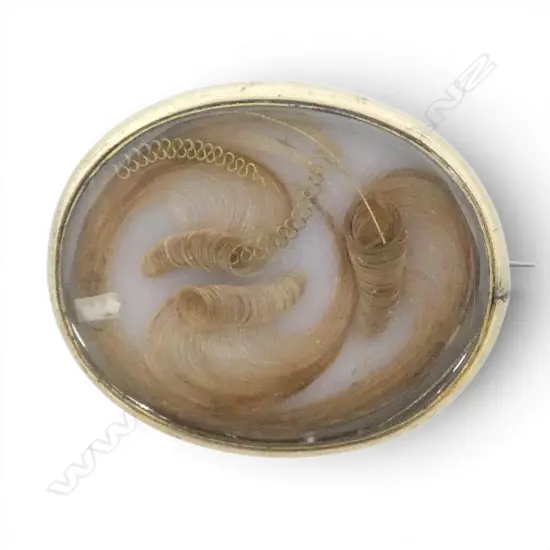 VICTORIAN ROLLED GOLD glazed MOURNING BROOCH with hair scrolls