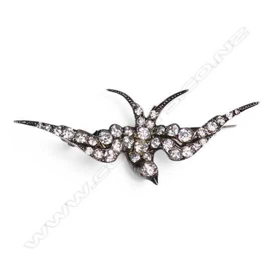 SILVER (TESTING 925) & WHITE STONES BIRD BROOCH H.70mm 18.8gms
