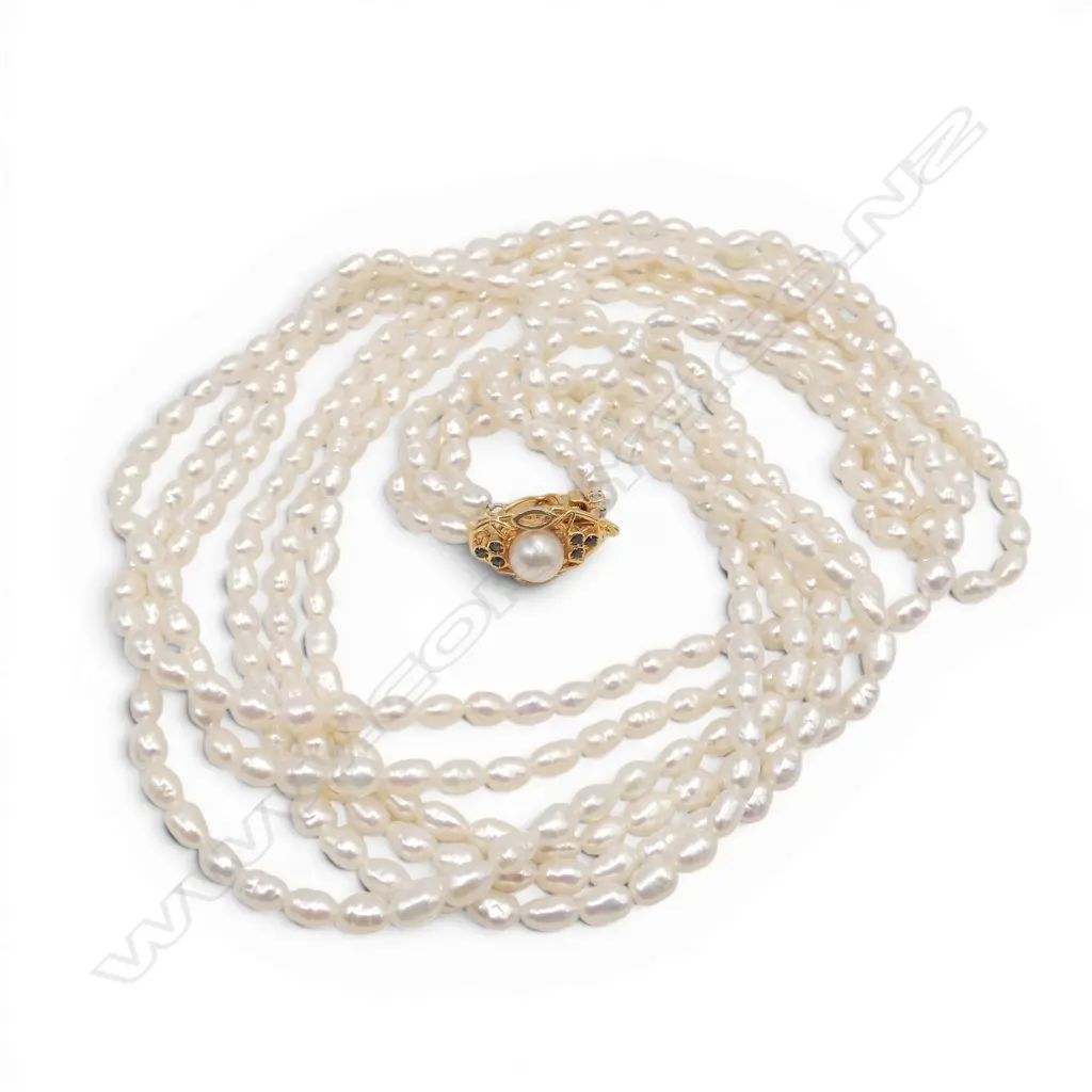 3 ROW KESHI PEARL NECKLACE w. 14CT PEARL & SAPPHIRE CLASP L.810mm 57.5gms Image 1++