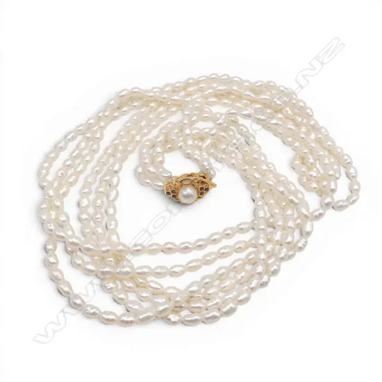 3 ROW KESHI PEARL NECKLACE w. 14CT PEARL & SAPPHIRE CLASP L.810mm 57.5gms