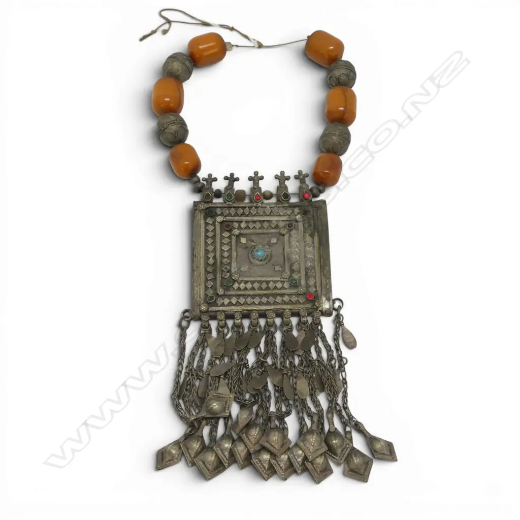 TRIBAL YEMENI LARGE NECKLACE faux amber beads & large white metal plaque w tassel fringe Image 1++
