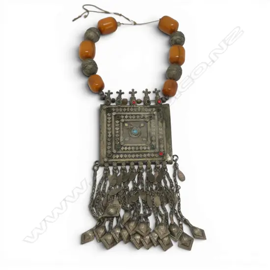 TRIBAL YEMENI LARGE NECKLACE faux amber beads & large white metal plaque w tassel fringe