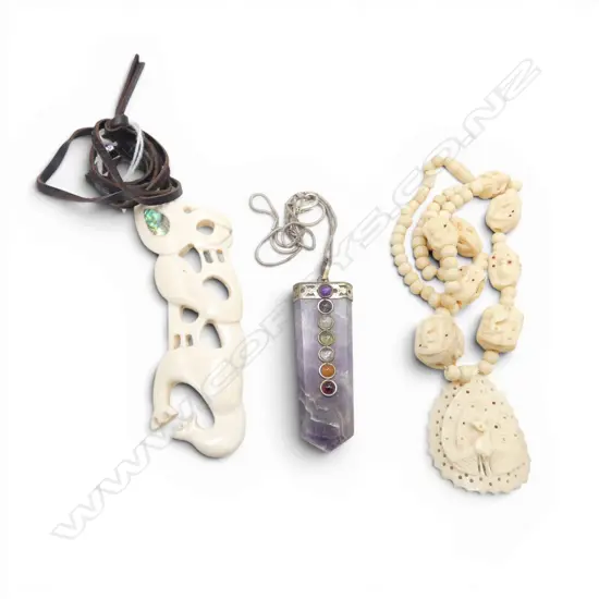 3 PENDANT NECKLACES; MAORI BONE CARVING, ETHNIC BONE, AMETHYST