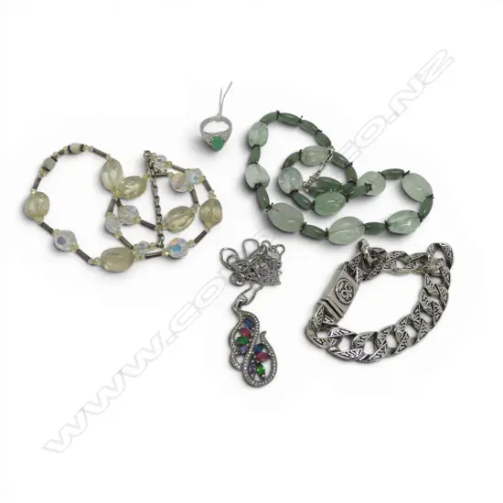 SILVER CZ & COLOURED STONE PENDANT on SILVER CHAIN, L.46 w chain extension + 2 QUARTZ NECKLACES ETC