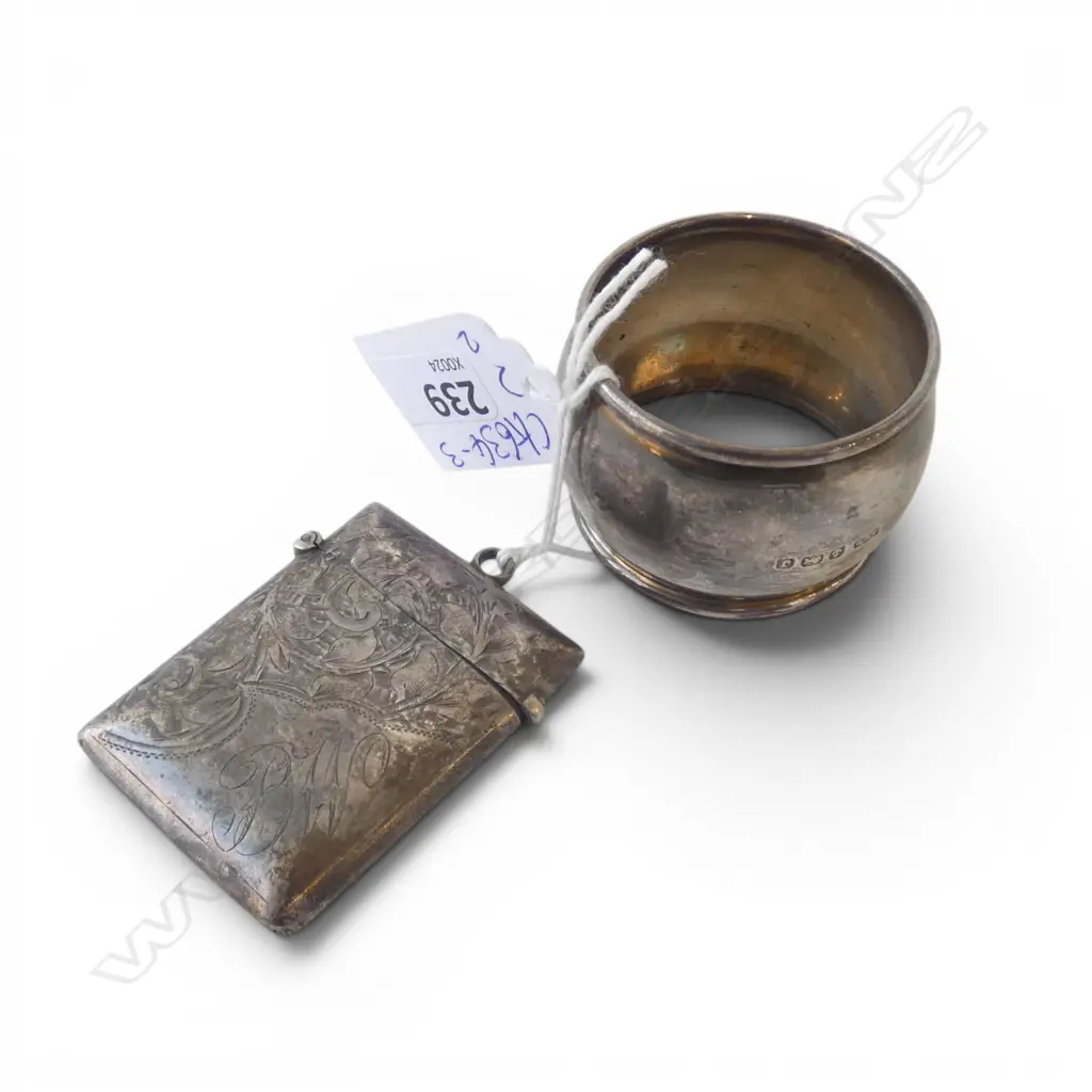 STG SILVER NAPKIN RING, BIRMINGHAM 1933 & VESTA CASE, BIRMINGHAM 1900, 42gms TW Image 1++