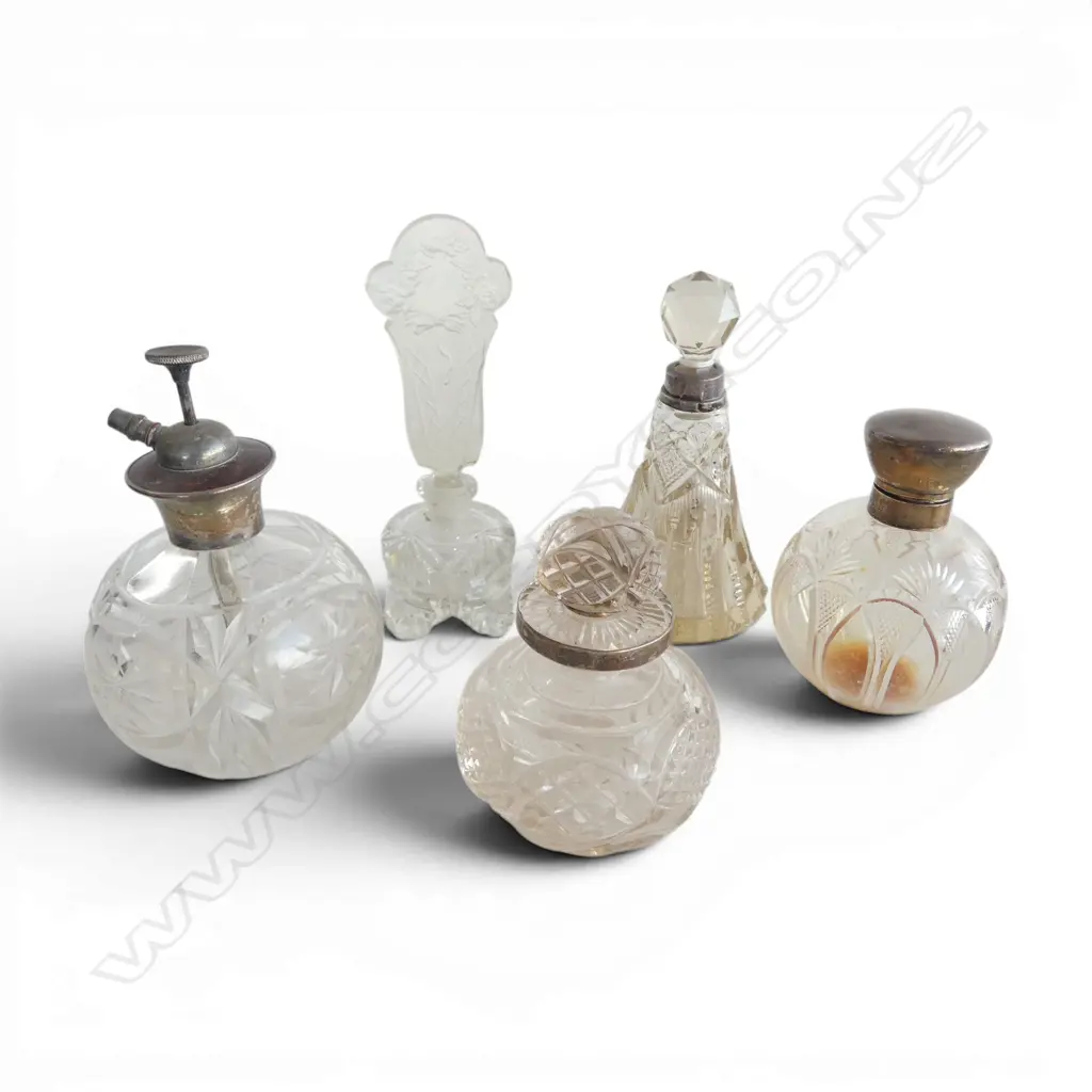 5 CRYSTAL PERFUME BOTTLES, 4 w. STG SILVER TRIM H.155mm Image 1++