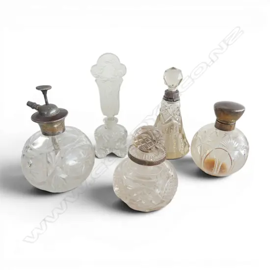 5 CRYSTAL PERFUME BOTTLES, 4 w. STG SILVER TRIM H.155mm
