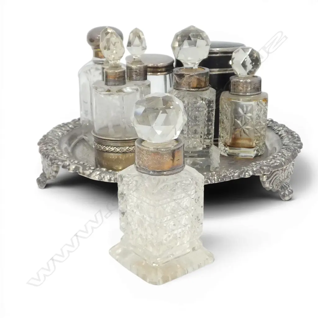 5 CRYSTAL & STG SILVER PERFUME BOTTLES + 2 LIDDED CONTAINERS & EP SALVER 205mm dia Image 1++
