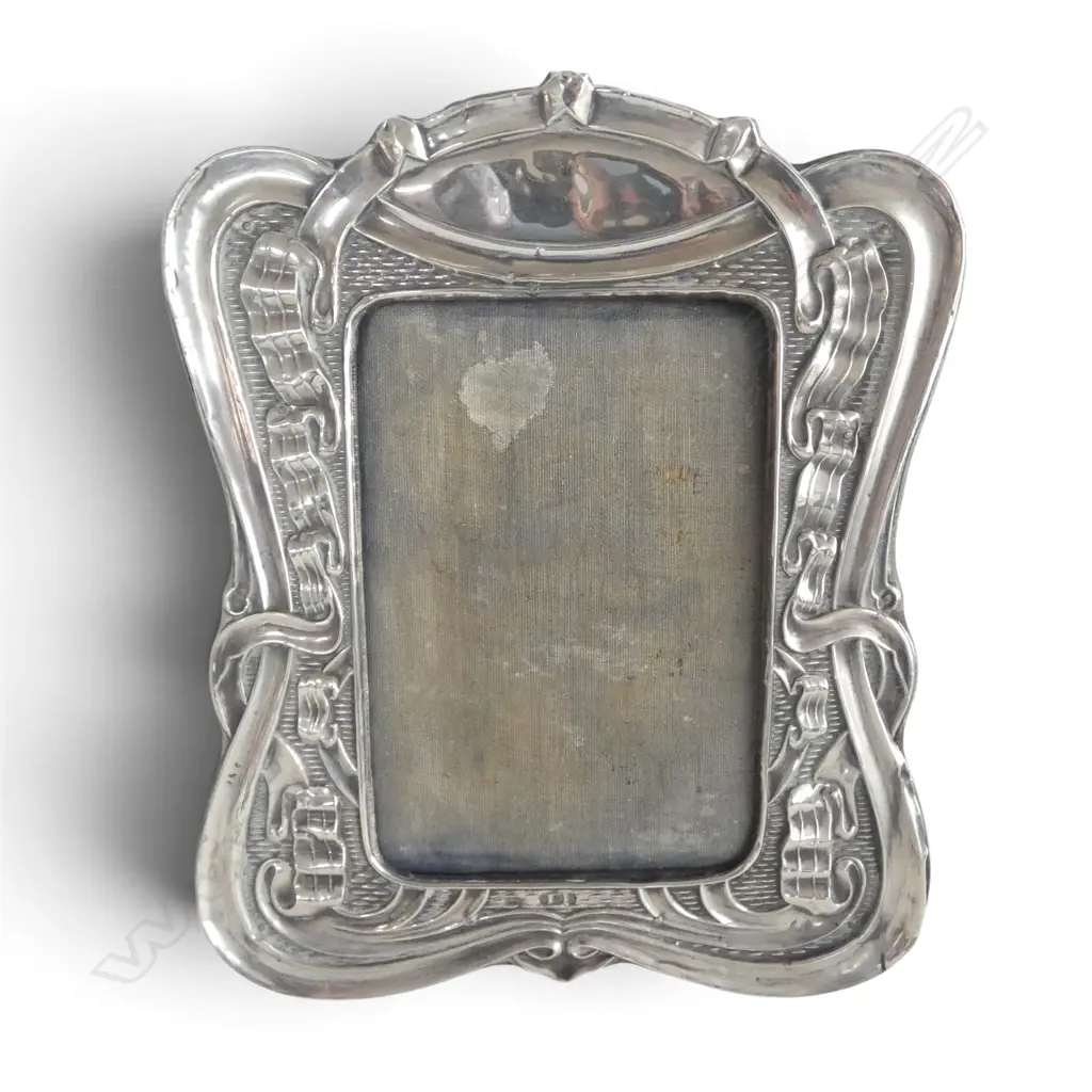 SILVER ART NOUVEAU PHOTO strut back FRAME looping ribbon design FAULTS Birmingham 1905 no glass. H.210mm Image 1++