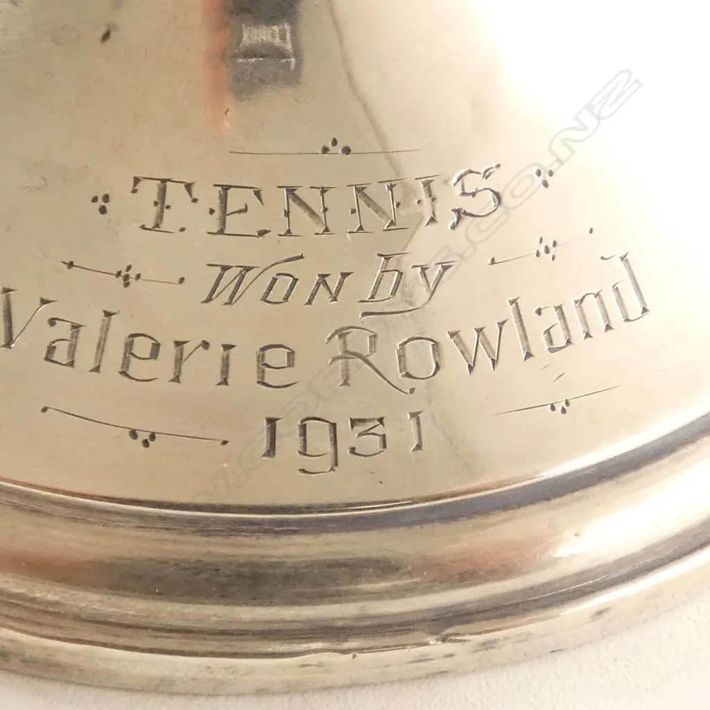 STG SILVER CANDLE STICK TENNIS AWARD to Valerie Rowland 1931, weighted base + STG SILVER VANITY MIRROR & SALT POT 42gms Image 1++