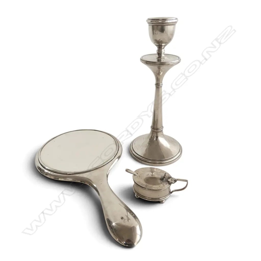 STG SILVER CANDLE STICK TENNIS AWARD to Valerie Rowland 1931, weighted base + STG SILVER VANITY MIRROR & SALT POT 42gms Image 1++