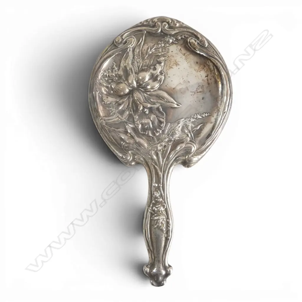 ART NOUVEAU STG SILVER HAND MIRROR, LIONEL SMITH & CO, BIRMINGHAM 1909 Image 1++