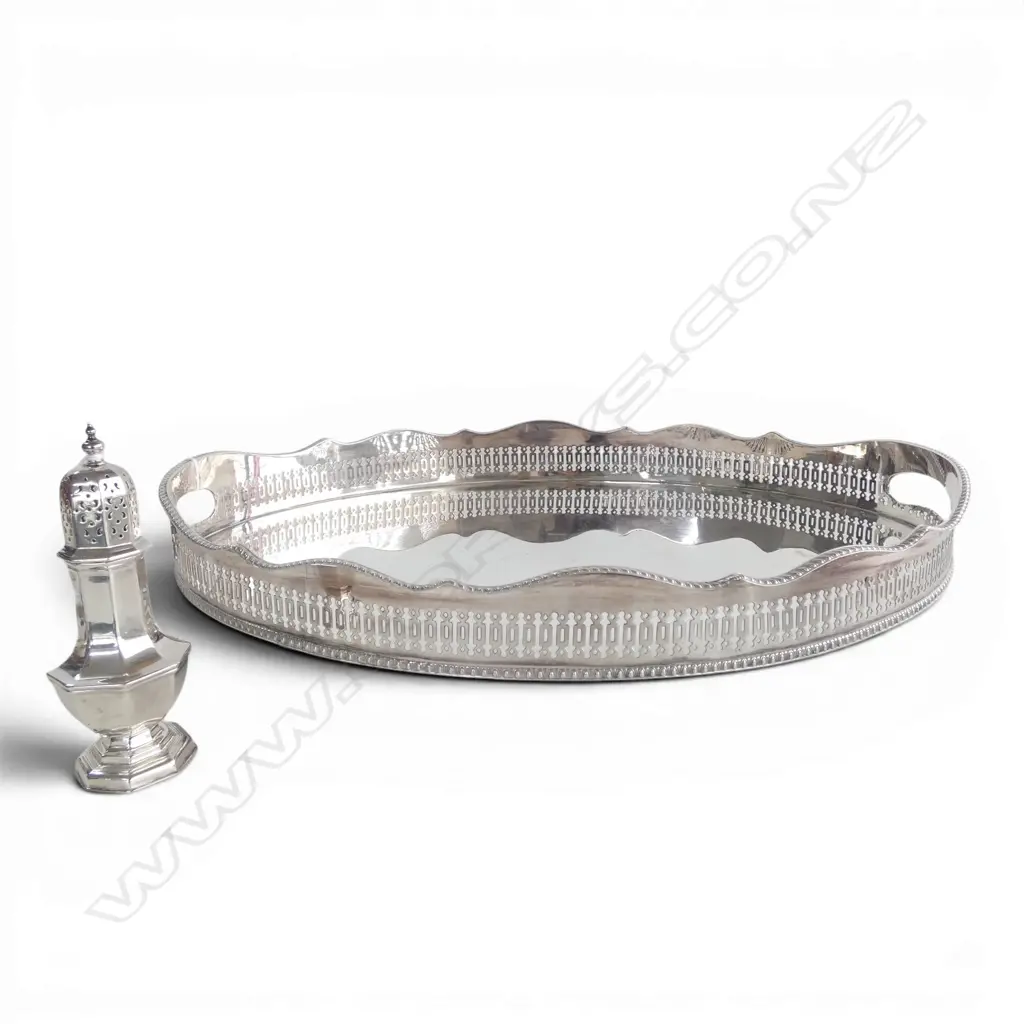SILVER PLATE on COPPER OVAL TRAY with scalloped pierced gallery. On circular feet. L.450mm + SIFTER silver on copper Image 1++