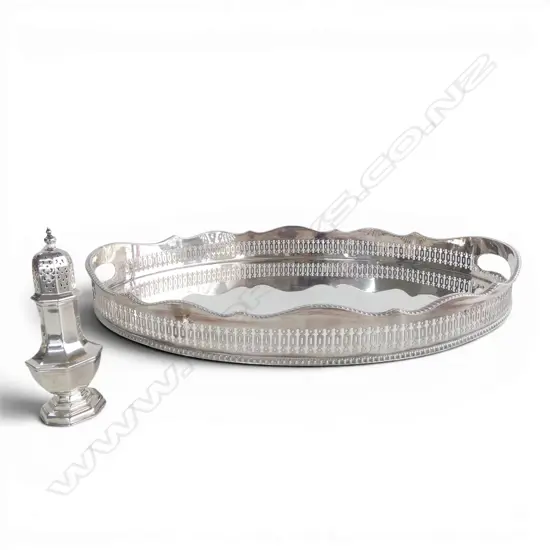 SILVER PLATE on COPPER OVAL TRAY with scalloped pierced gallery. On circular feet. L.450mm + SIFTER silver on copper