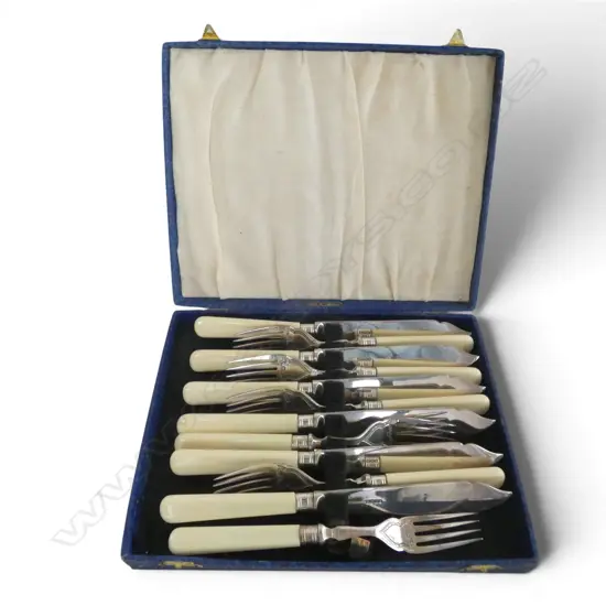 CASED 6 PLACE INVORINE 'BONE' HANDLE FISH SET