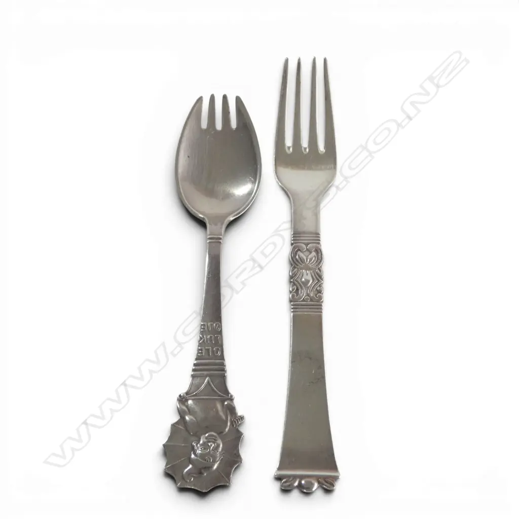 VINTAGE 1930's DANISH SILVER SPOON "Ole Lukøje" & FORK. 49.5gms Image 1++