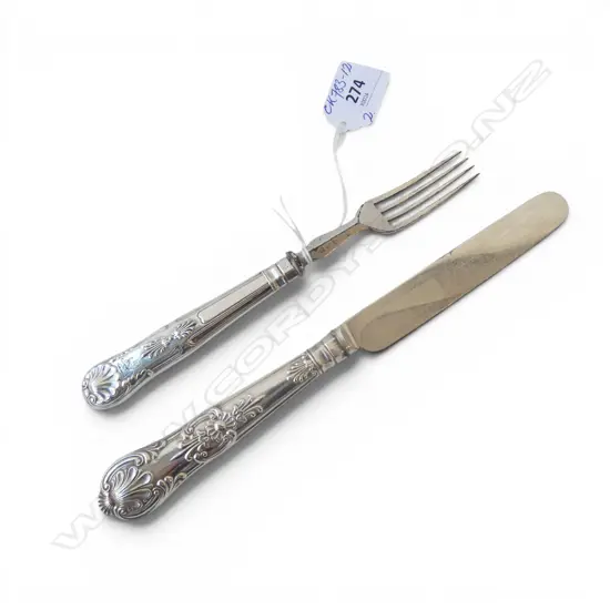 VICTORIAN FRUIT KNIFE & FORK King's pattern. Knife w silver handle.