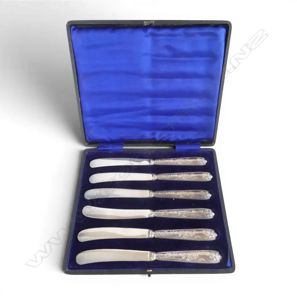 CASED SET OF 6 STG SILVER HANDLED BUTTER KNIVES, SHEFFIELD 1906 Image 1++