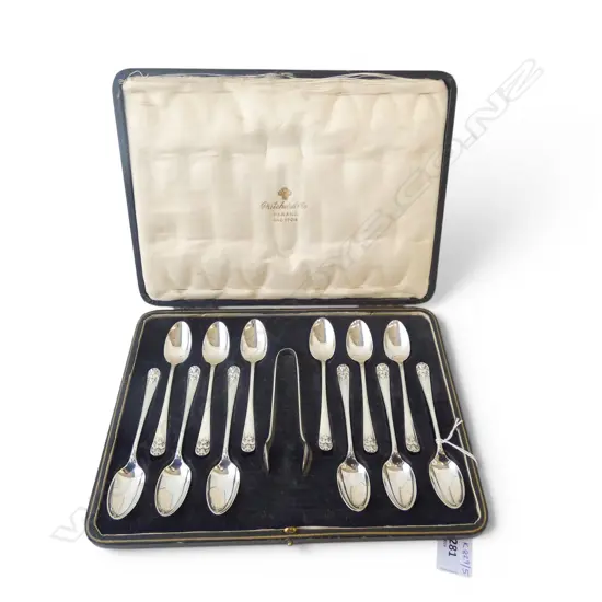 12 STG SILVER TEAPOONS & PR TONGS, SHEFFIELD 1926 197gms, CASED