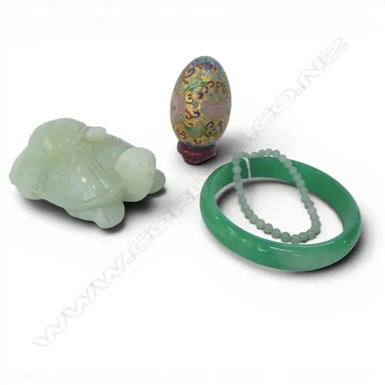 4 ORIENTAL PCES; 2 JADE? BRACELETS + TURTLE & CLOISONNE EGG
