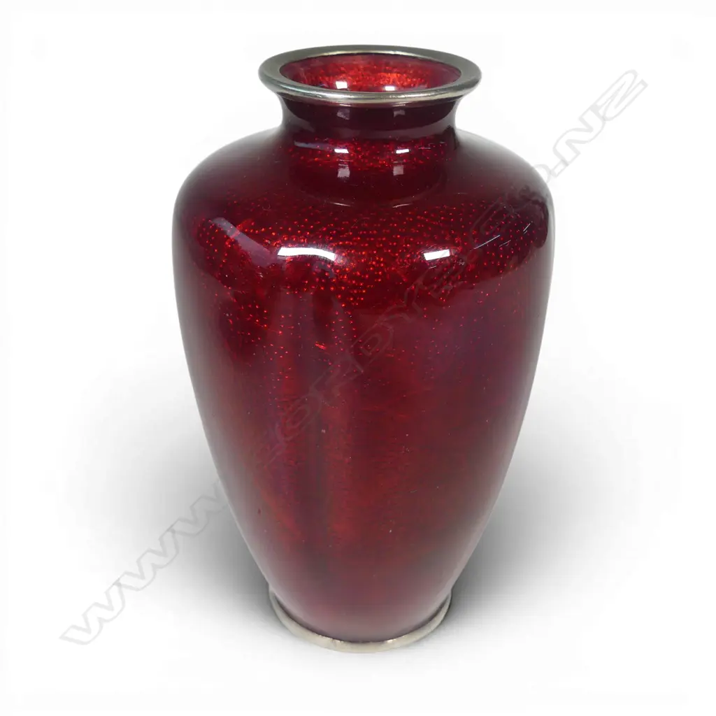 JAPANESE VINTAGE RED ENAMELLED over textured BLOSSOM ground VASE cloisonne like. H.152mm. Image 1++