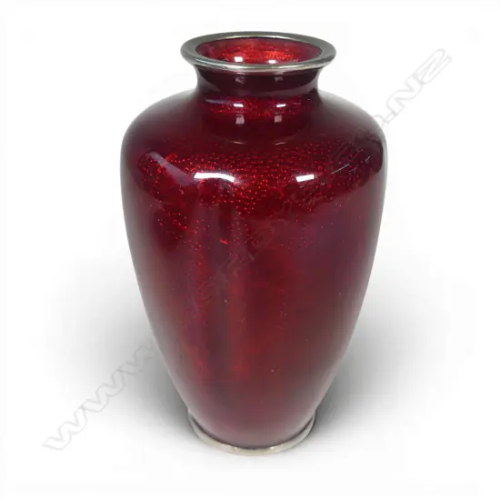 JAPANESE VINTAGE RED ENAMELLED over textured BLOSSOM ground VASE cloisonne like. H.152mm.