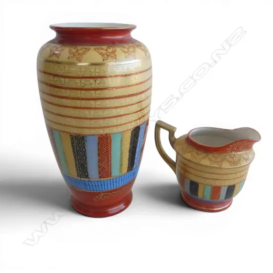 THOUSAND FACES JAPANESE PORCELAIN VASE (REPAIR TO RIM) AND CREAMER, TALLEST 160MM