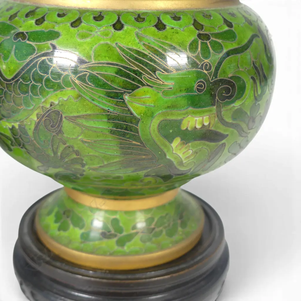 PR CHINESE CLOISONE VASES GREEN COLOURWAY ON WOOD STANDS H250MM Image 1++