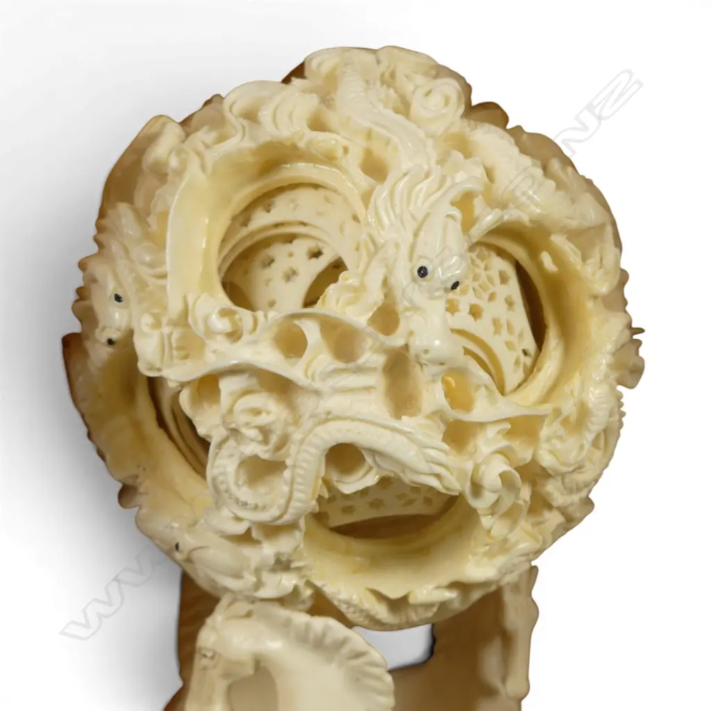 BOXED FAUX IVORY MULTI CARVED BALL ON STAND H270MM Image 1++
