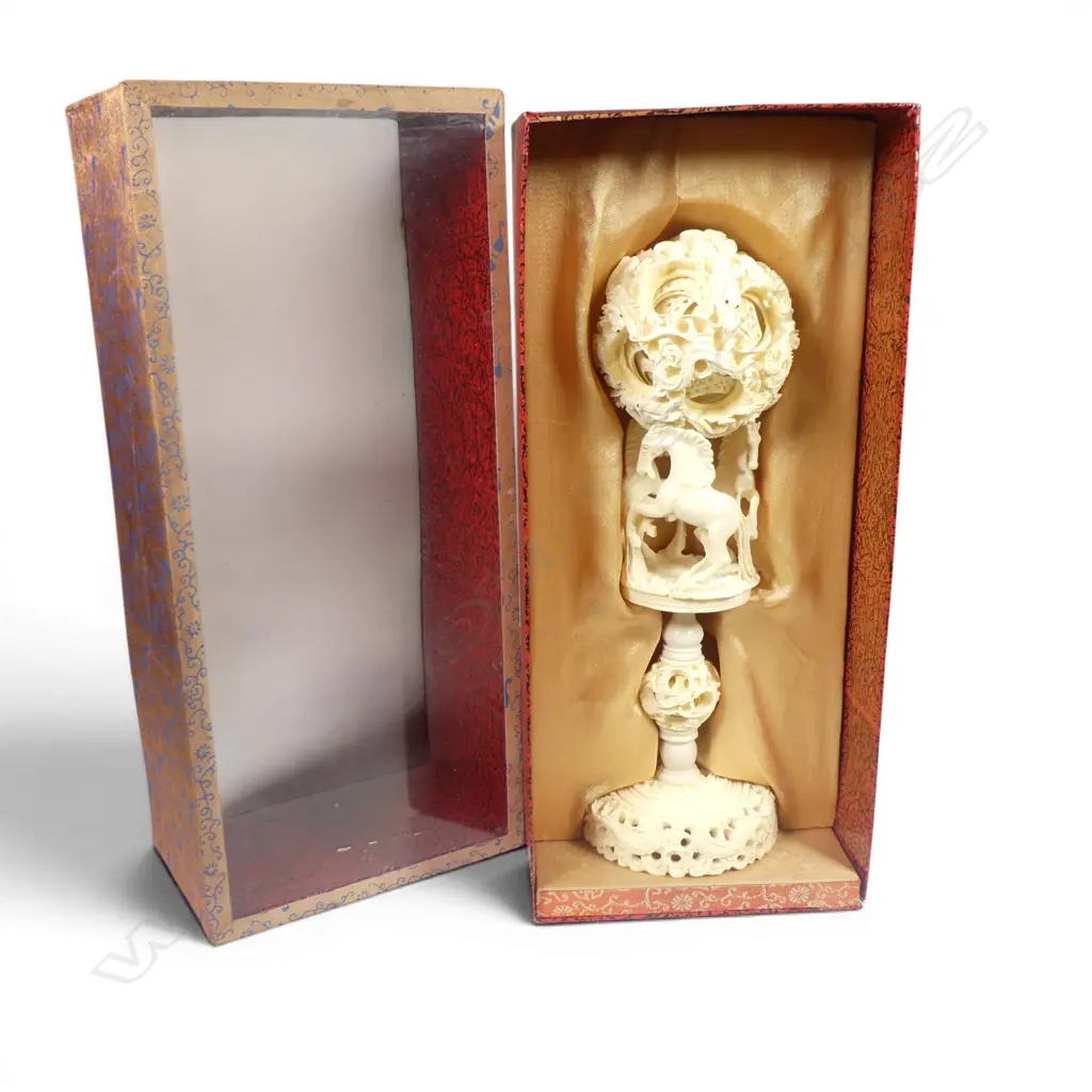 BOXED FAUX IVORY MULTI CARVED BALL ON STAND H270MM Image 1++