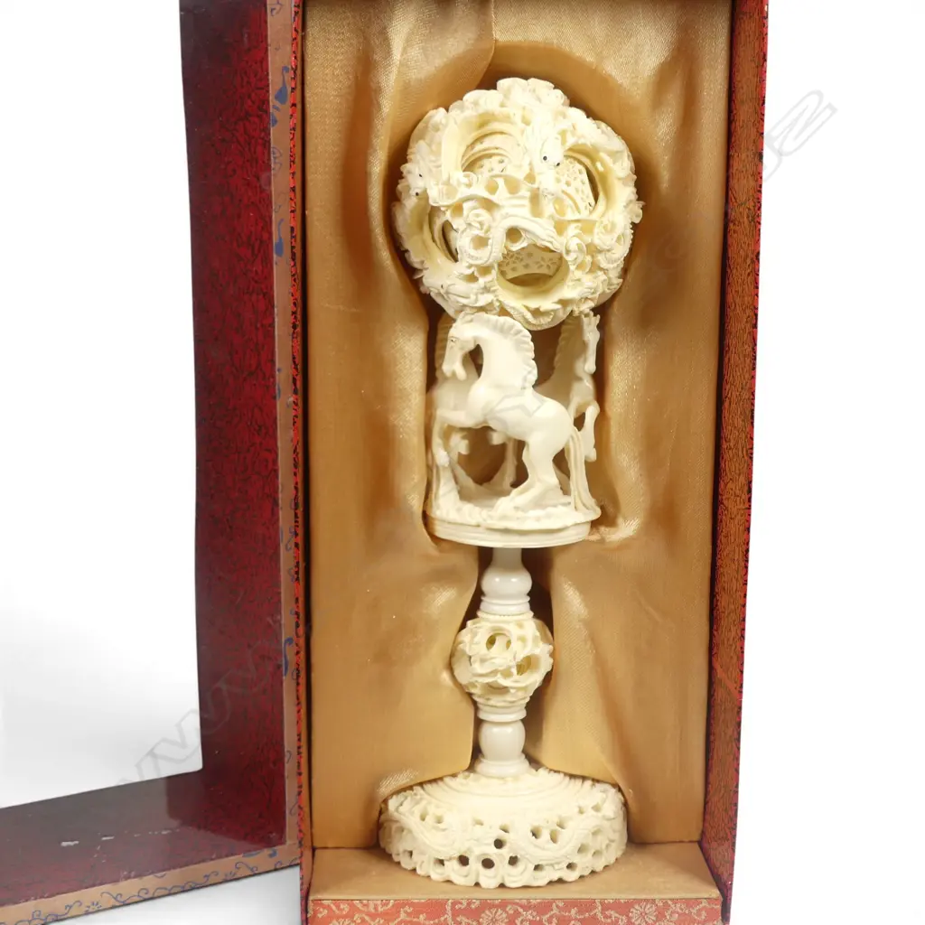 BOXED FAUX IVORY MULTI CARVED BALL ON STAND H270MM Image 1++
