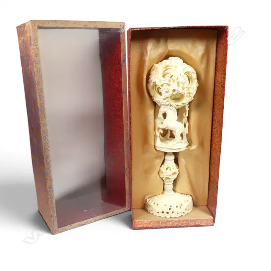 BOXED FAUX IVORY MULTI CARVED BALL ON STAND H270MM