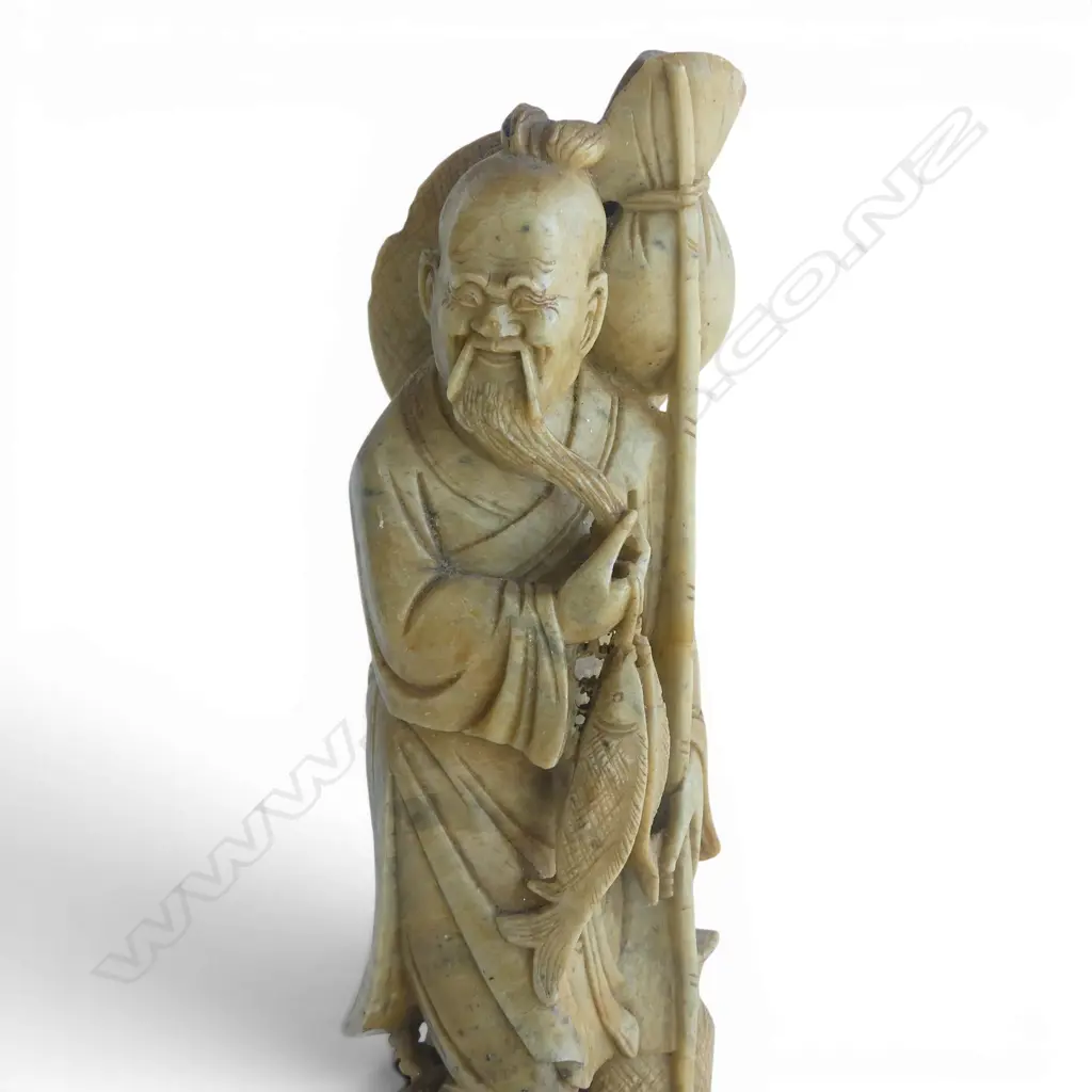 ORIENTAL CARVED SOAPSTONE FISHERMAN H.345mm Image 1++