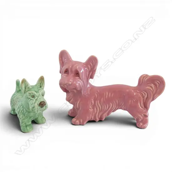 SYLVAC SKYE TERRIER, RARE PINK GLOSS GLAZE, H.120mm & GREEN MATTE SCOTTIE DOG, H.95mm