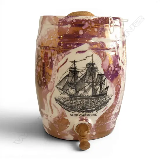 VINTAGE PINK LUSTER  CHINA BARREL WITH WOOD STOPPER & TAP  MADE BY LANCASTER & SANDLAND H225MM