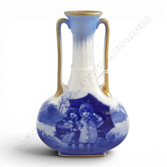 ROYAL DOULTON 'BLUE CHILDREN' VASE, sml DOUBLE HANDLED w GILT DETAIL, H.150mm