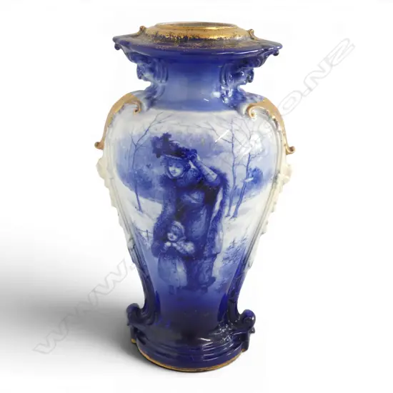 ROYAL DOULTON 'BLUE CHILDREN' VASE, DOUBLE HANDLED w GILT DETAIL, H.230mm